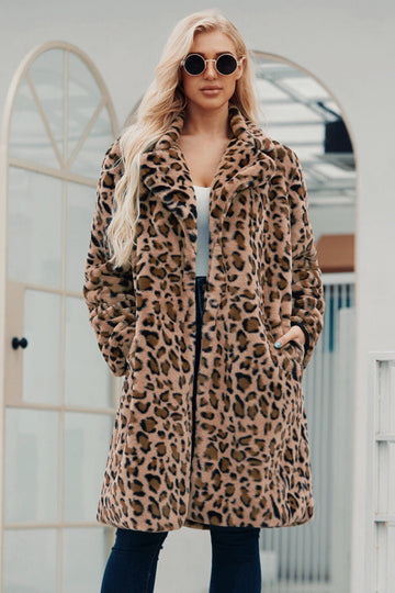 Brown Notched Lapel Leopard Trykt Long Women Faux Fur Coat